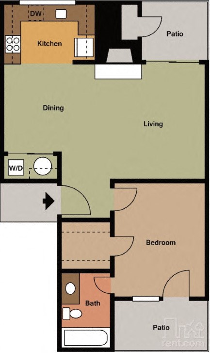 Floor plan for 1 bed, 1 bath, 603 sqft
